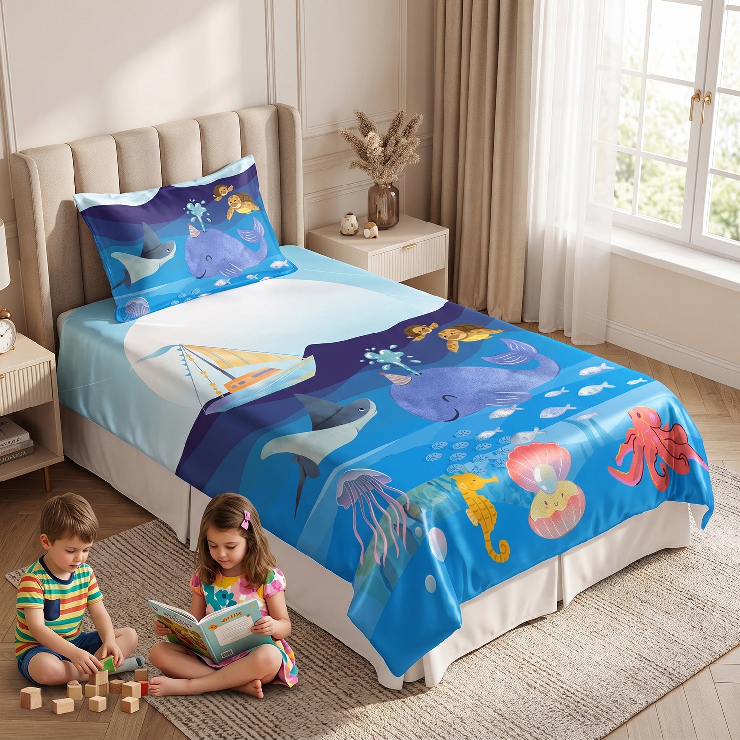 Aquatic kids printed bedsheet set 2 pcs by Nylsa
